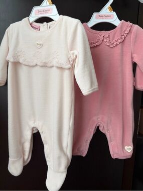 Juicy Couture Baby Girls Pink and Cream One-Piece Rompers Velour